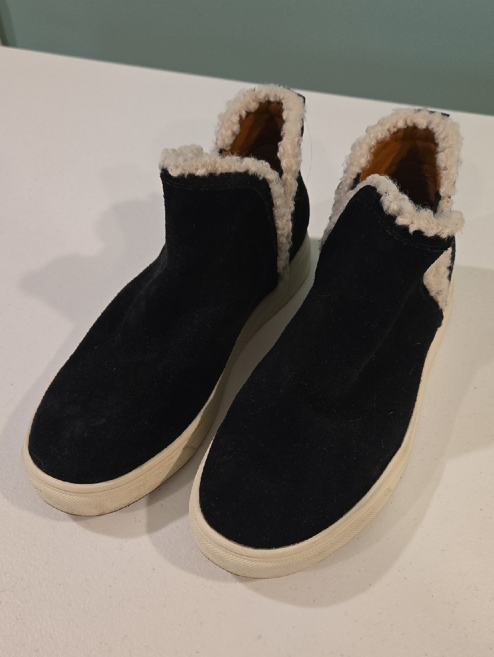 Lucky Brand Black Suede Slip-On Sneakers with Cream Sherpa Trim
